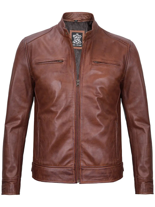 Cafe racer cognac leather jacket
