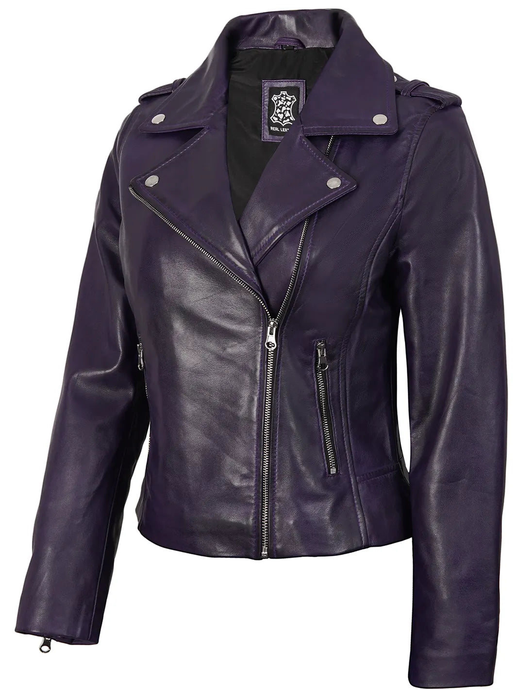 Decrum Women's Cafe Racer Leather Jacket | 100% Real Lambskin Leather | Adjustable Cuffs & Waist
