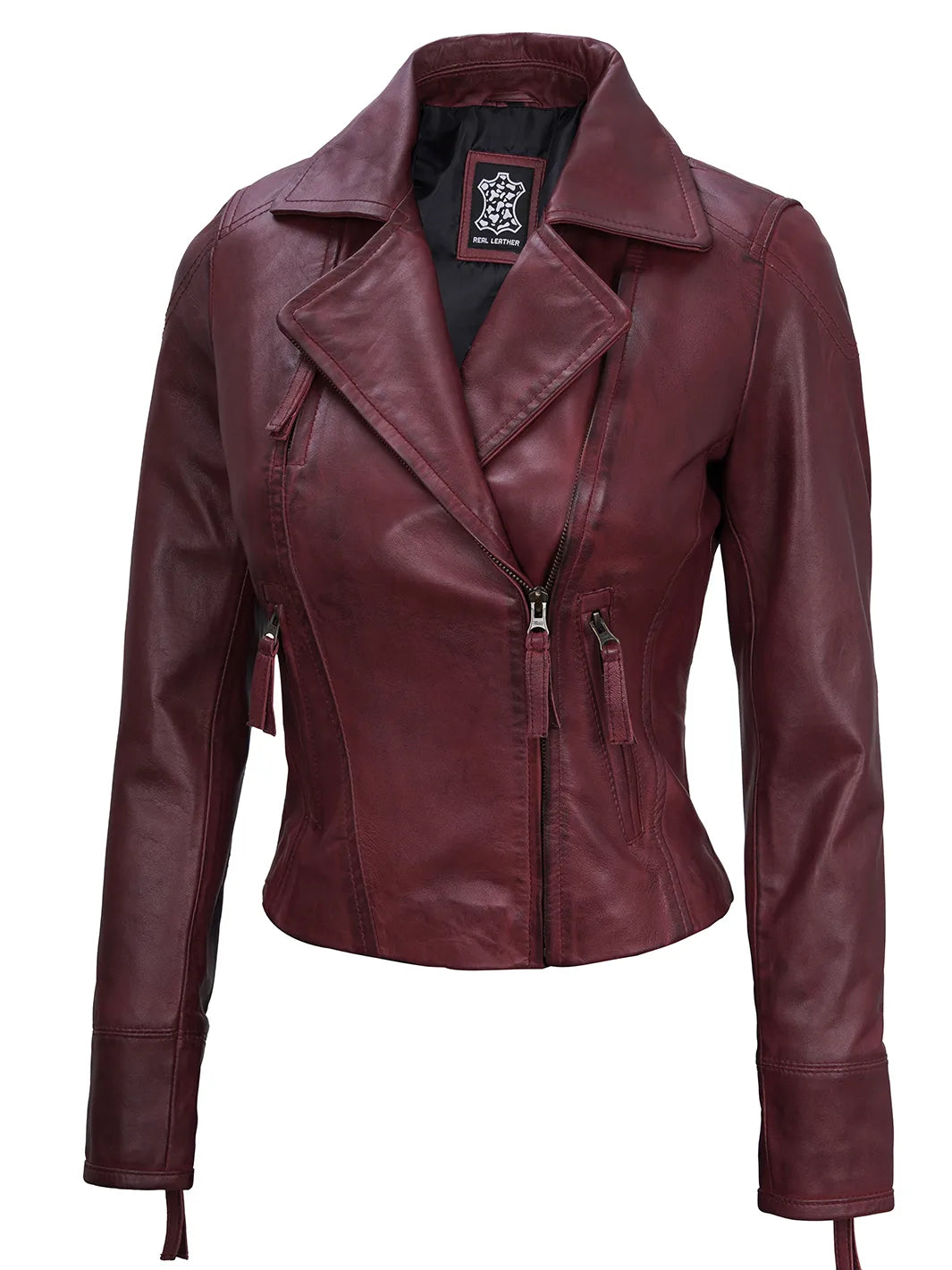Maroon leather jacket for womens