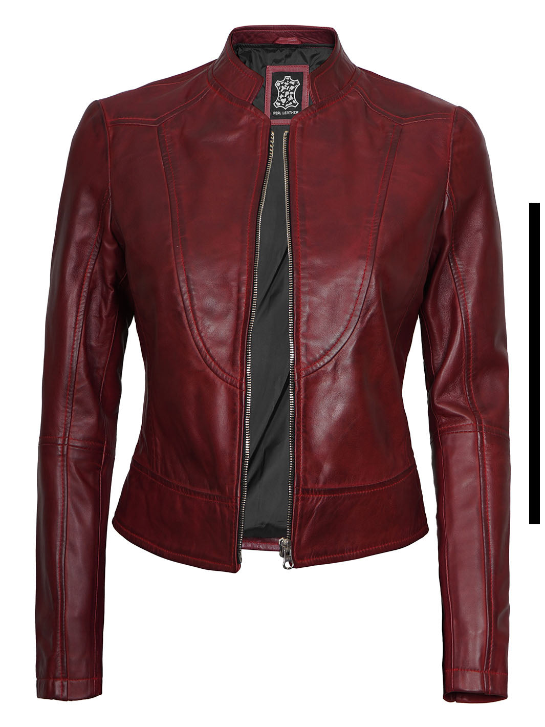 Womens Maroon Biker Cafe Racer Leather Jacket