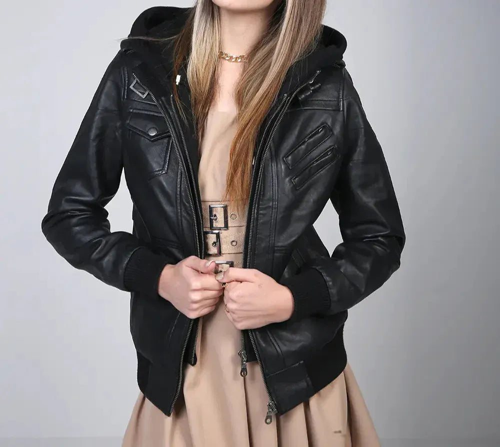 Womens Black Bomber Leather Jacket with Removable Hooded – Decrum