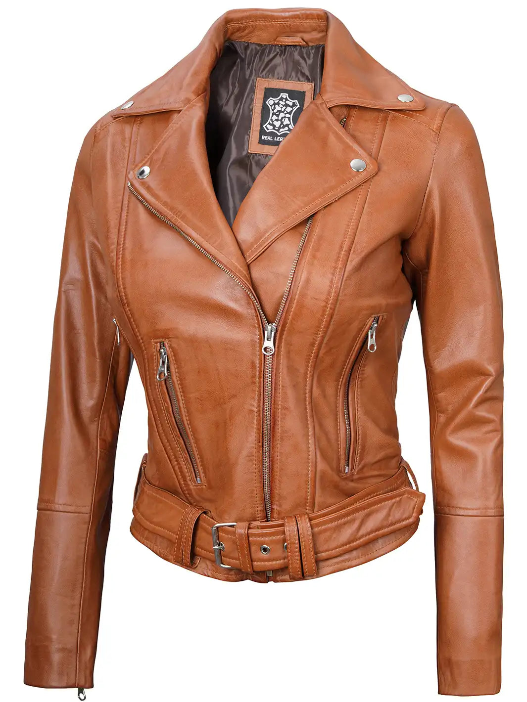 Women tan leather biker jacket