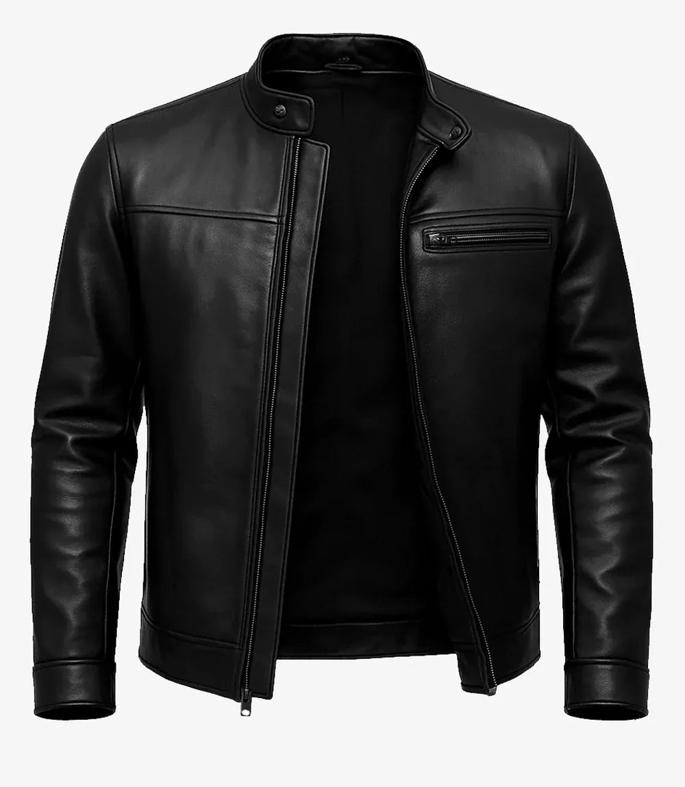 thumbnail image 2 of Cafe Racer Jacket Decrum Men's Cowhide Leather Jacket - Casual Cafe Racer Style Brown Leather Jacket Ww1 Commemorative Coin 2 of 13