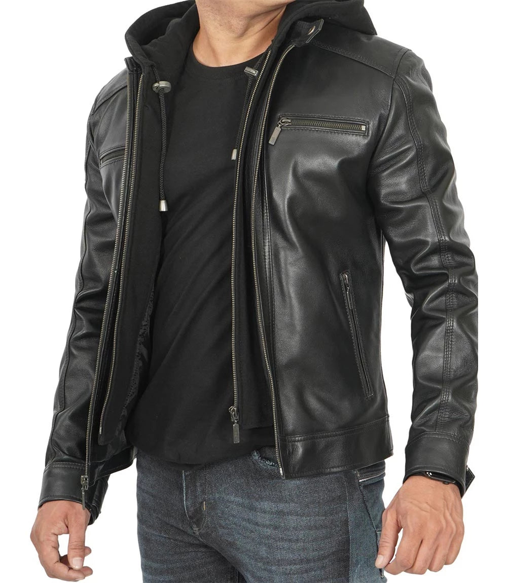 Mens Black Hooded Cafe Racer Leather Jacket Decrum