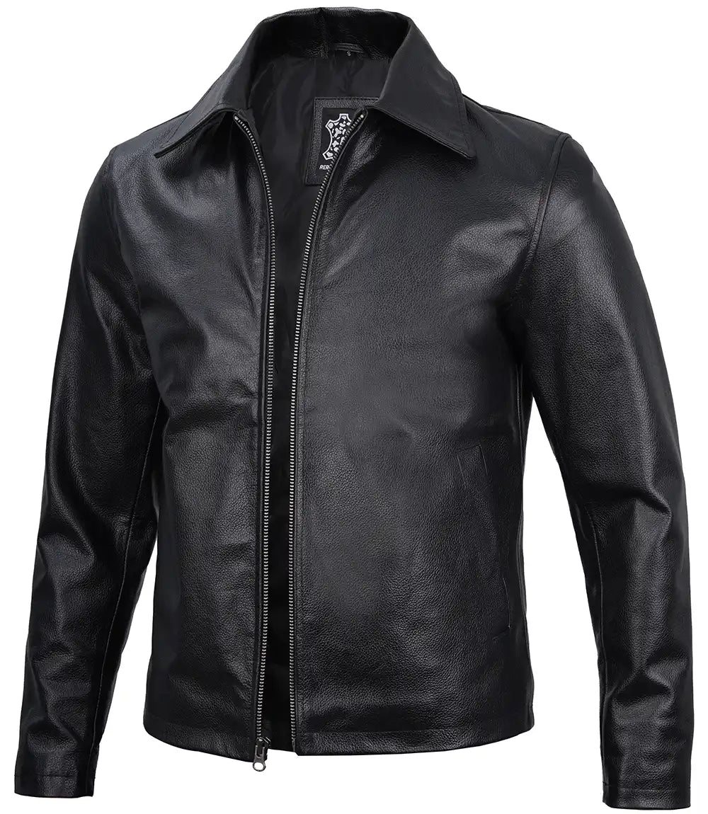 Men Black Shirt Collar Cowhide Leather Jacket Decrum