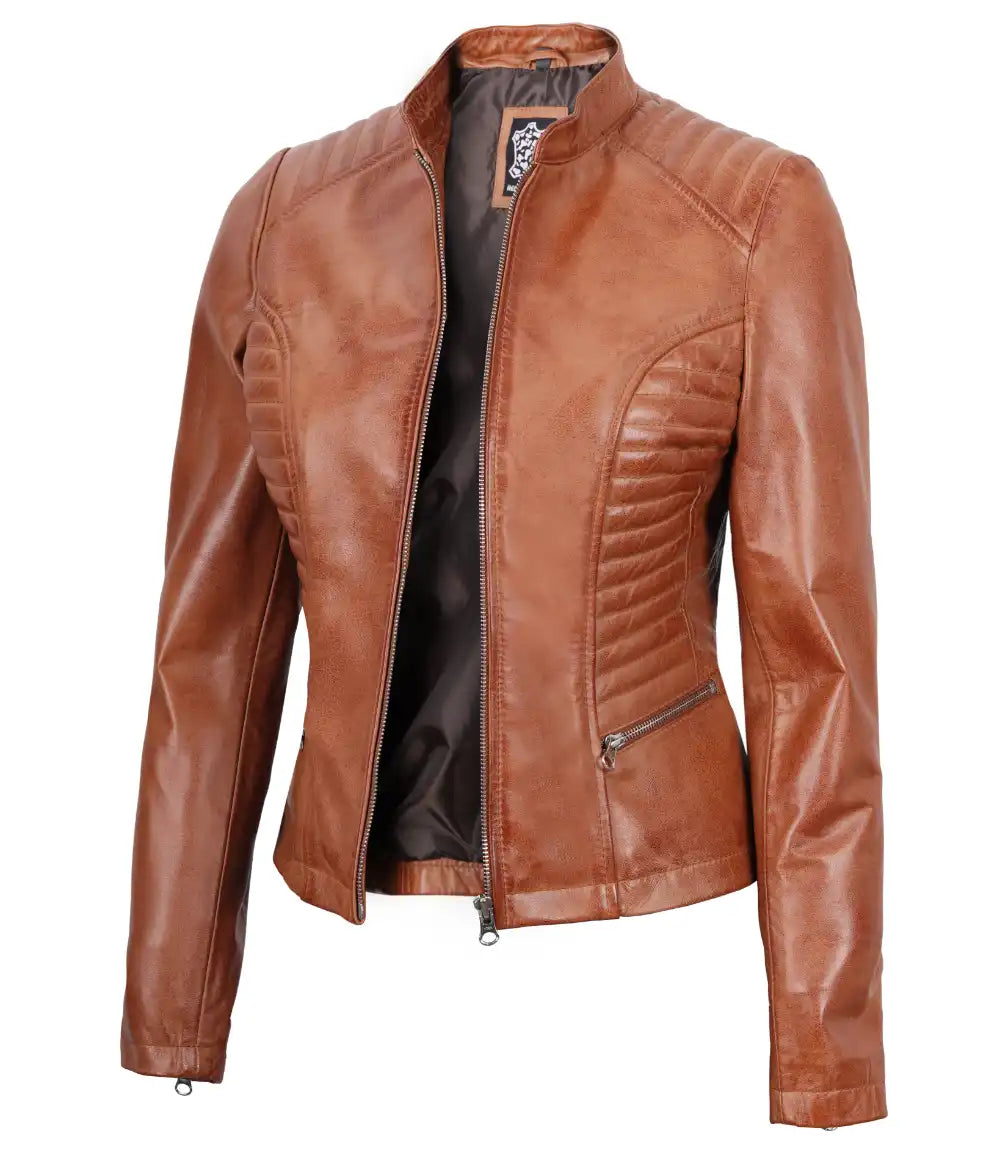 Women s Cognac Leather Biker Jacket Sleek Style Decrum