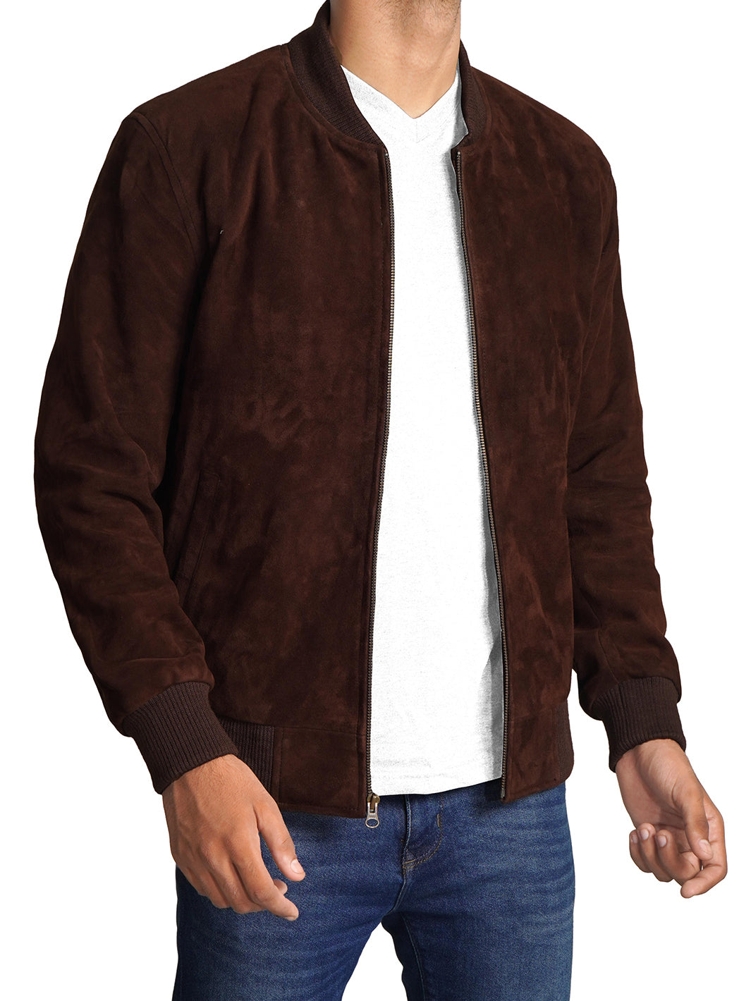Brown Suede Bomber Real Lambskin Leather Jacket