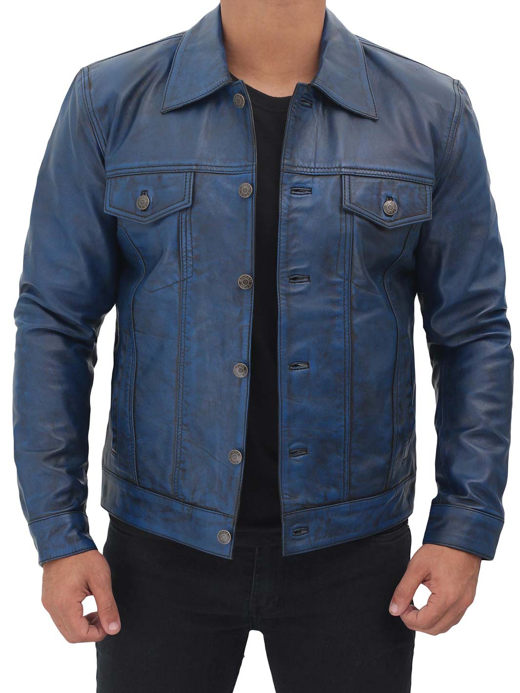 Fernando Blue Leather Trucker Jacket Mens
