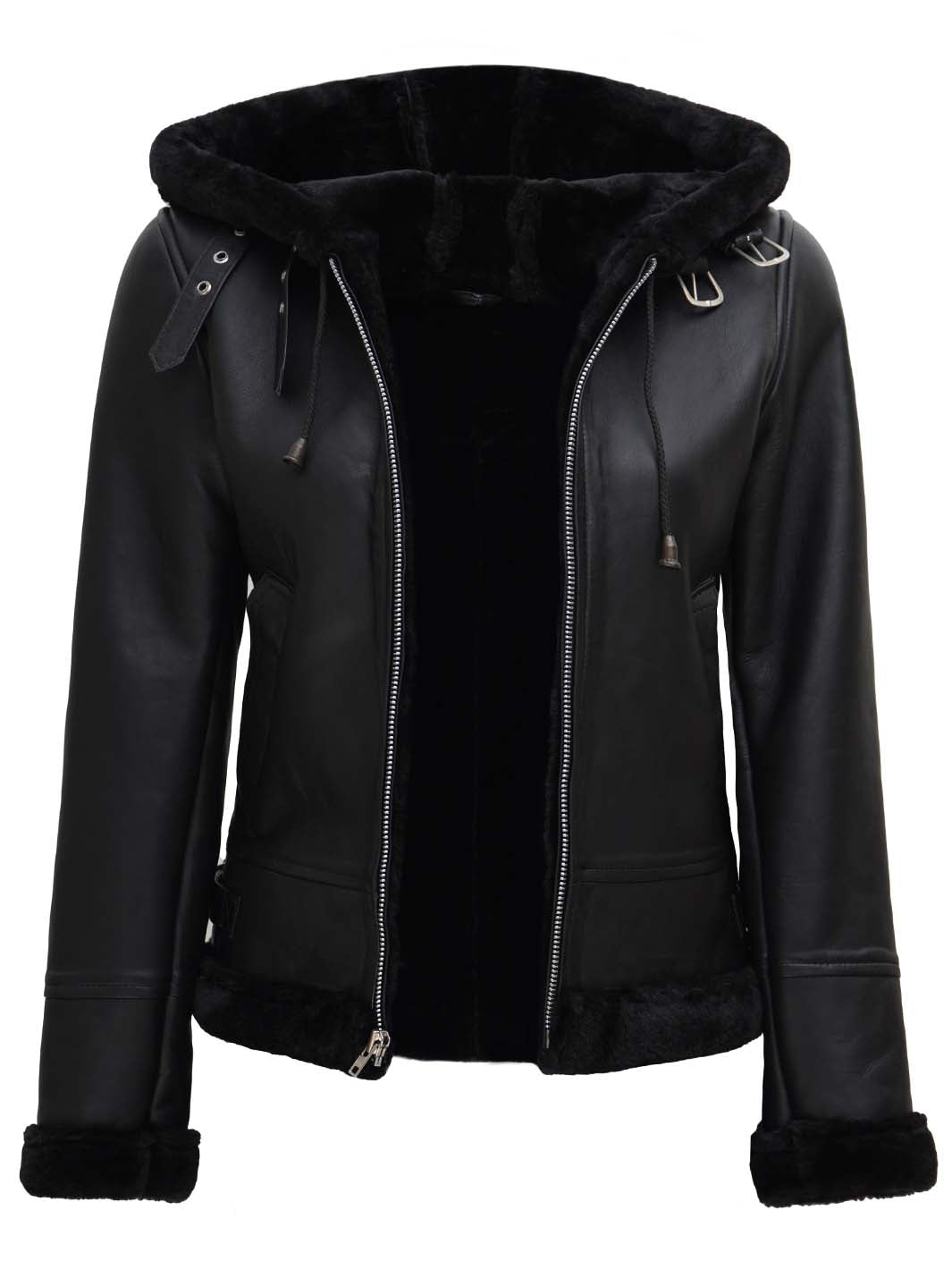Womens Shearling Hooded Leather Jacket