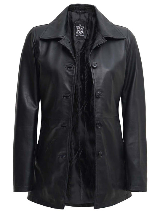 Womens Button Closure Leather Coat