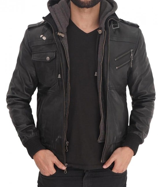 Mens leather jacket with removabble hood