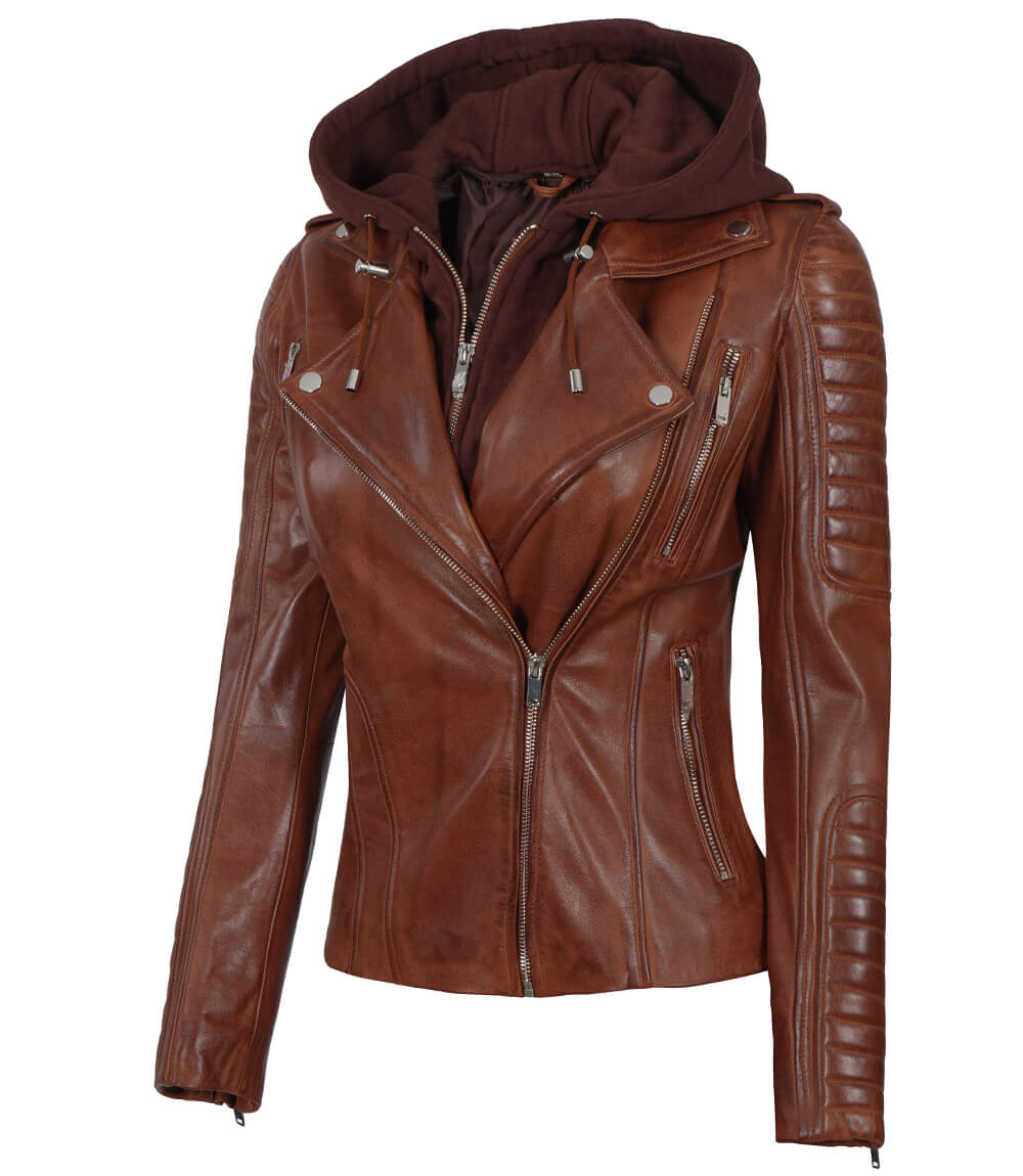 Womens Cognac Hooded Leather Jacket