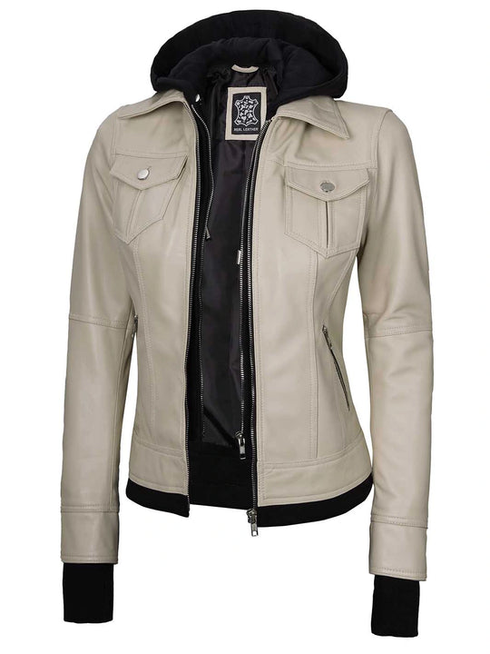 beige hooded leather jacket for women