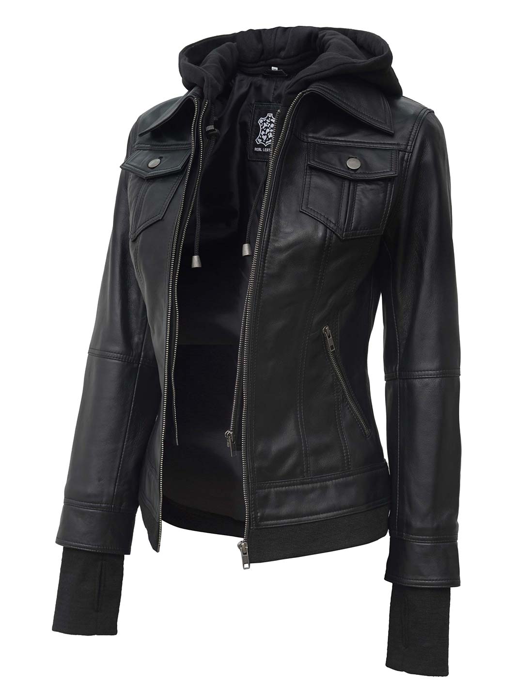 womens brown leather jacket with hood