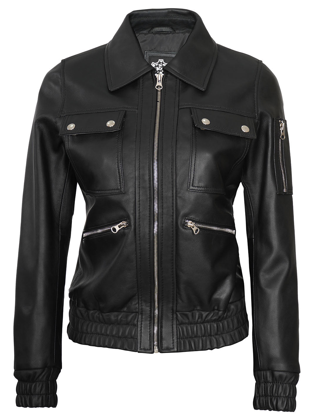 womens multi pockets bomber leather jacket