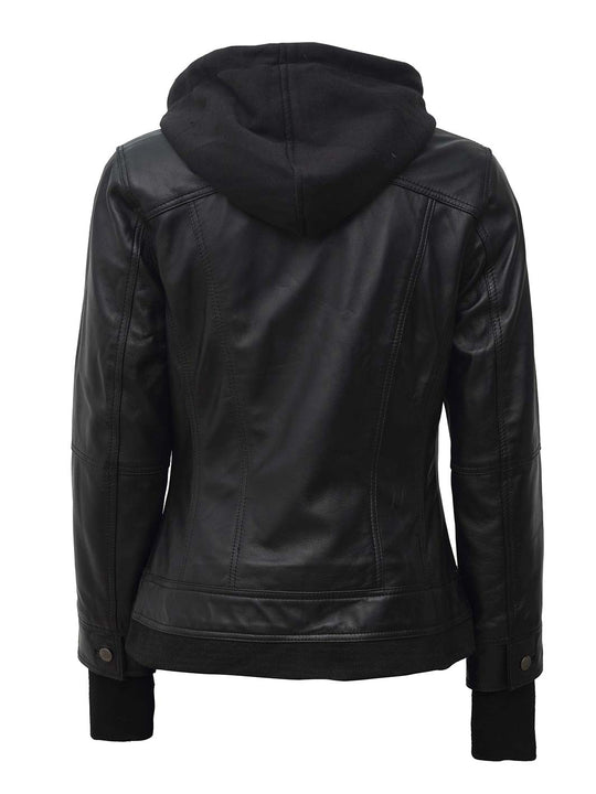black leather jacket womens with hood 