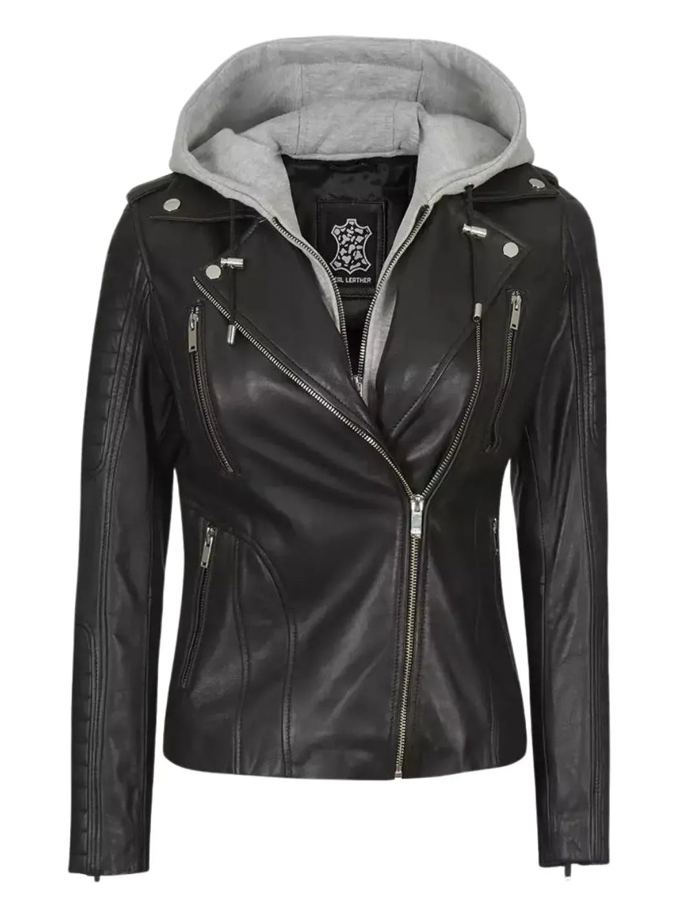 Leather moto jacket with removable hood online