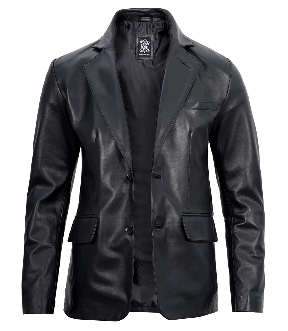Mens Black Leather Blazer Sophisticated Stylish Decrum