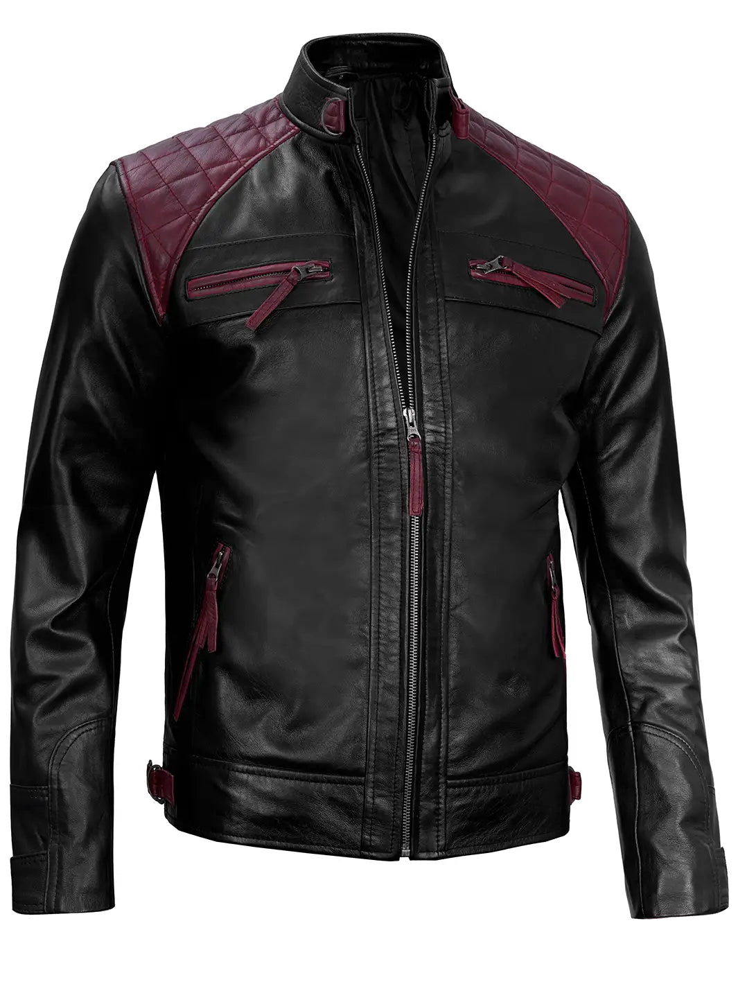 Black and maroon cafe racer leather jacket