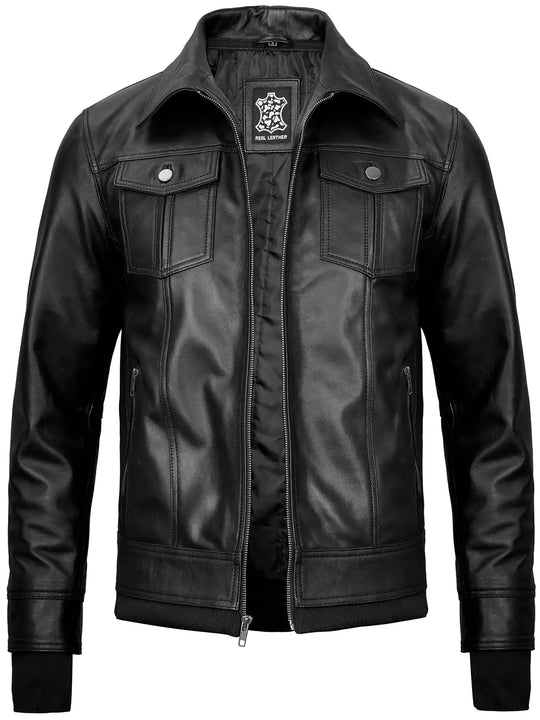 Black leather hooded jacket mens