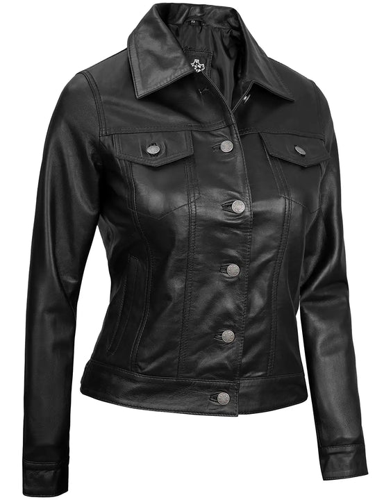 Black trucker leather jacket