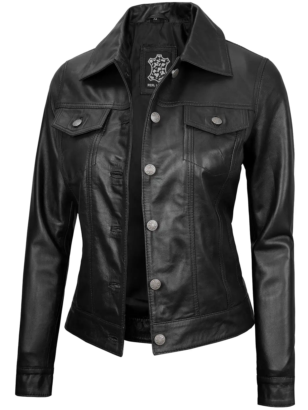 Black trucker leather jacket for women