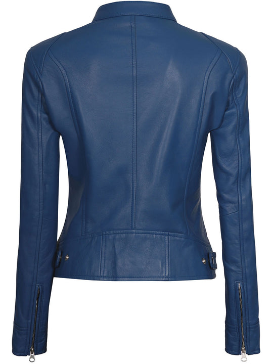 Dodge Women's Blue Leather Cafe Racer Motorcycle Jacket