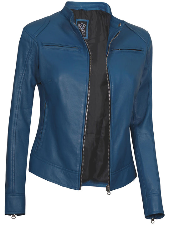 Dodge Women's Blue Leather Cafe Racer Motorcycle Jacket