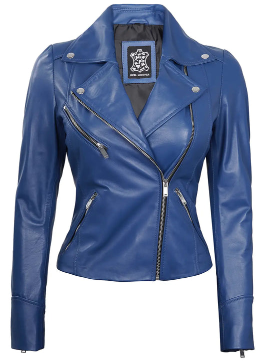 Blue leather motorcycle jacket
