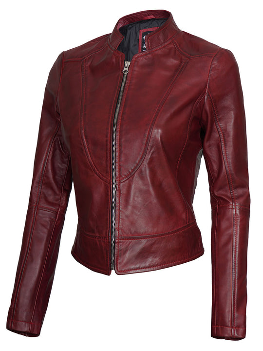 Cafe Racer Women Maroon Leather Jacket