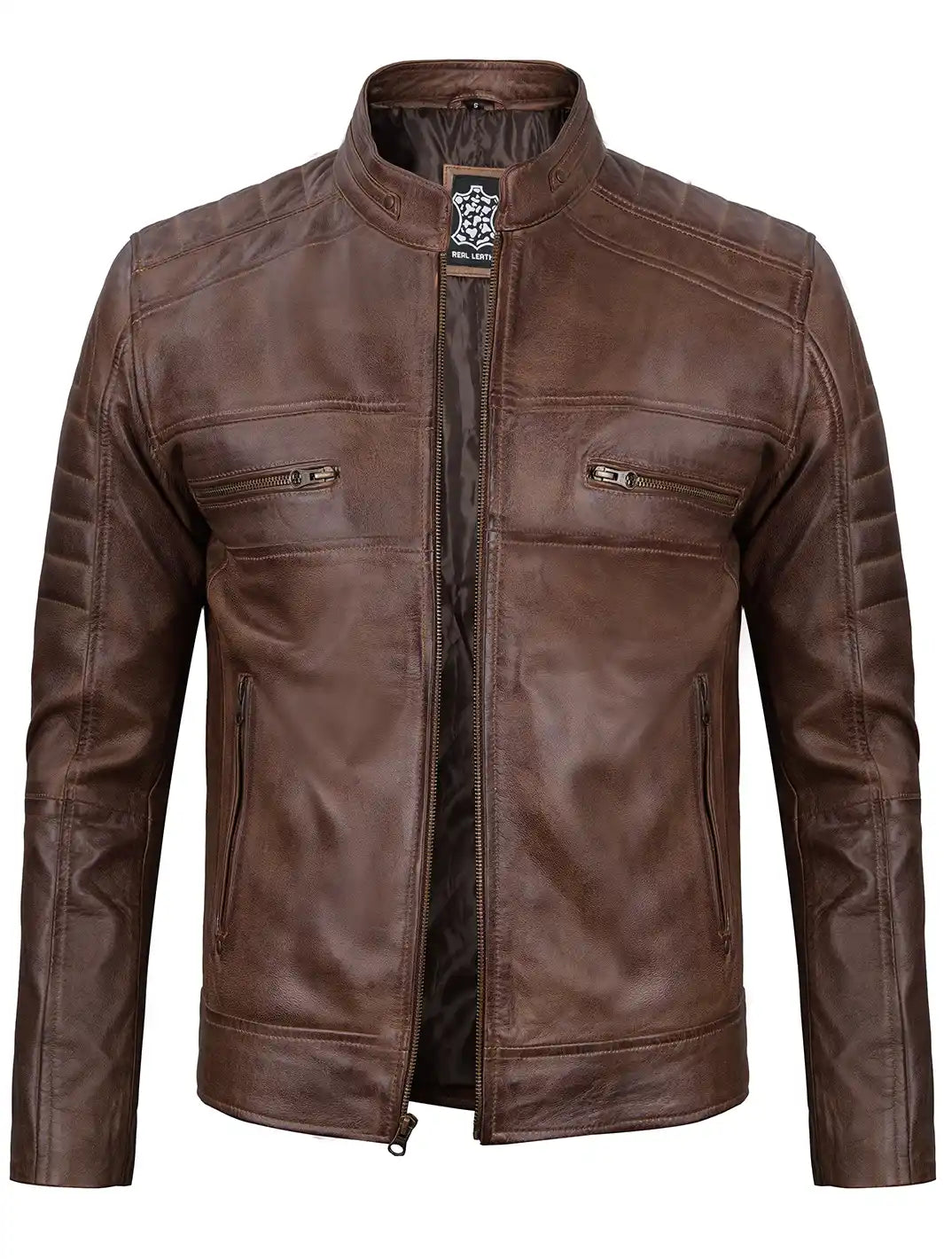 Cafe racer cognac wax leather jacket