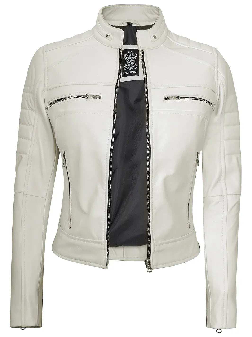 Ladies white leather jacket sales