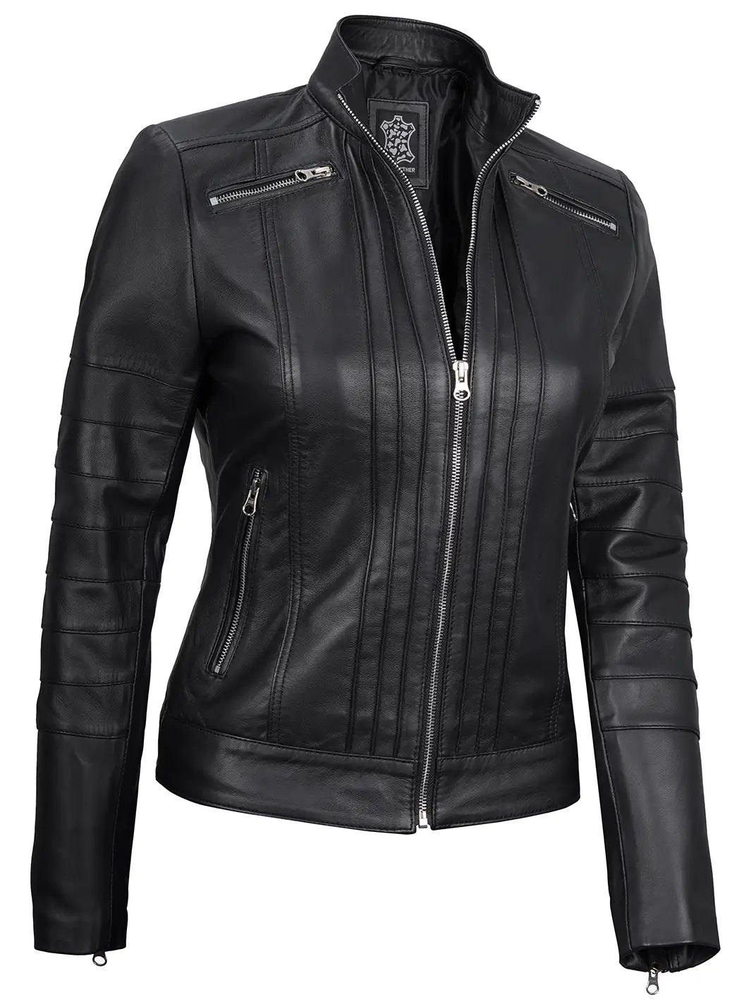 Cafe racer women black leather jacket