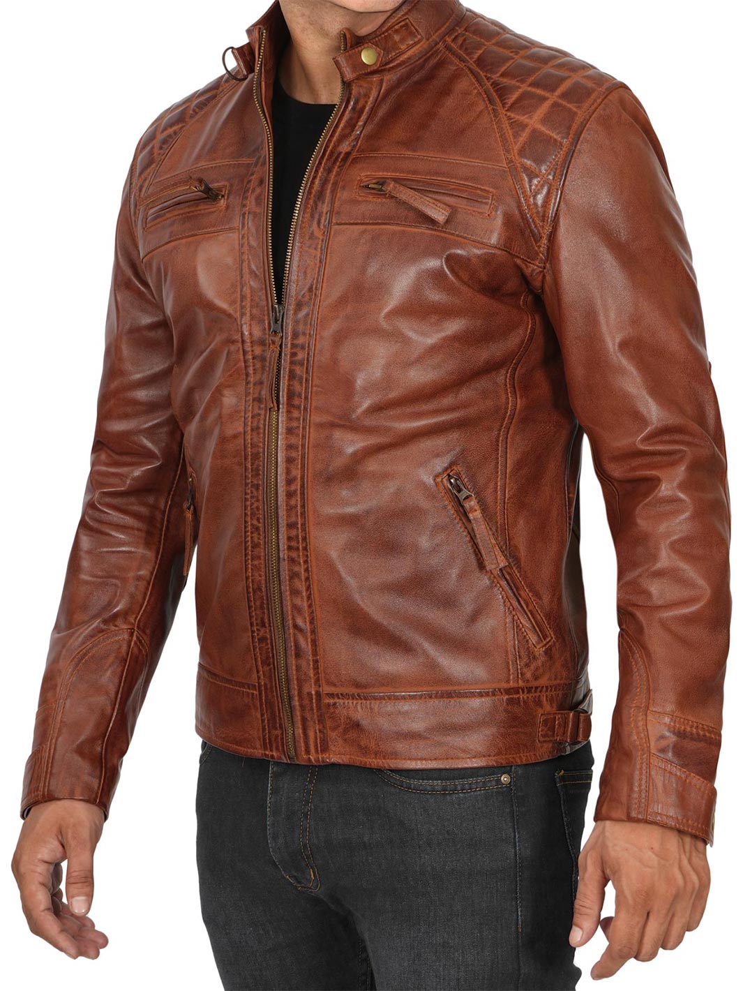 Mens Cafe Racer Quilted Brown Leather Jacket - Decrum