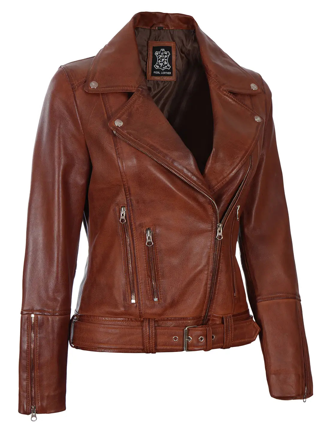 Cognac womens leather moto jacket