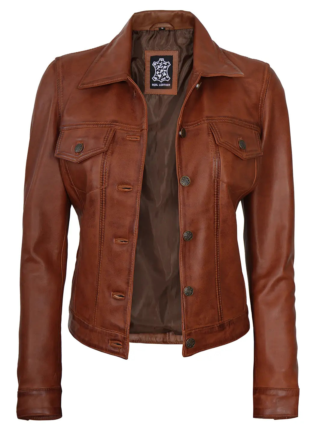 Cognac leather jacket for women