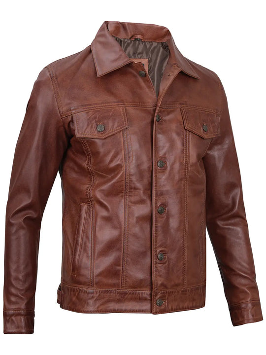Cognac mens trucker leather jacket