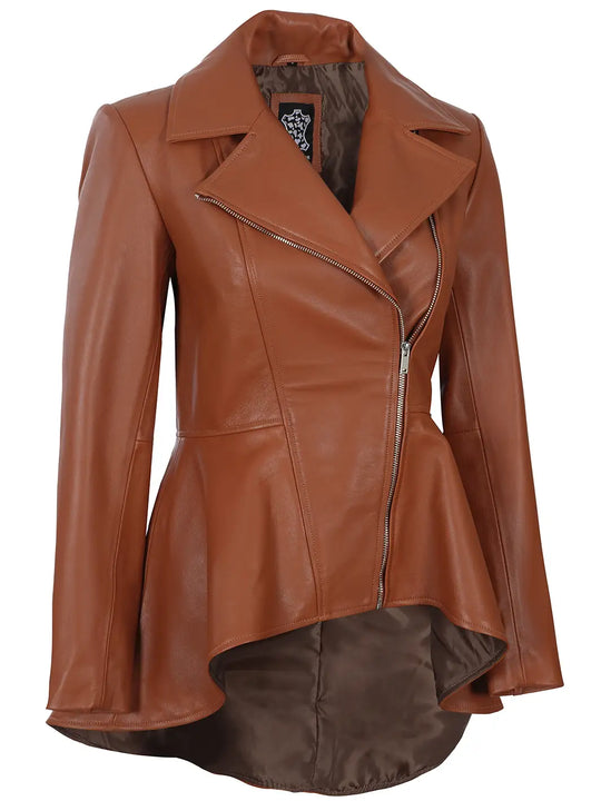 Cognac peplum leather jacket