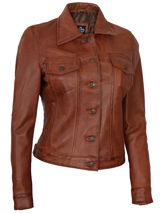 Cognac trucker leather jacket for women