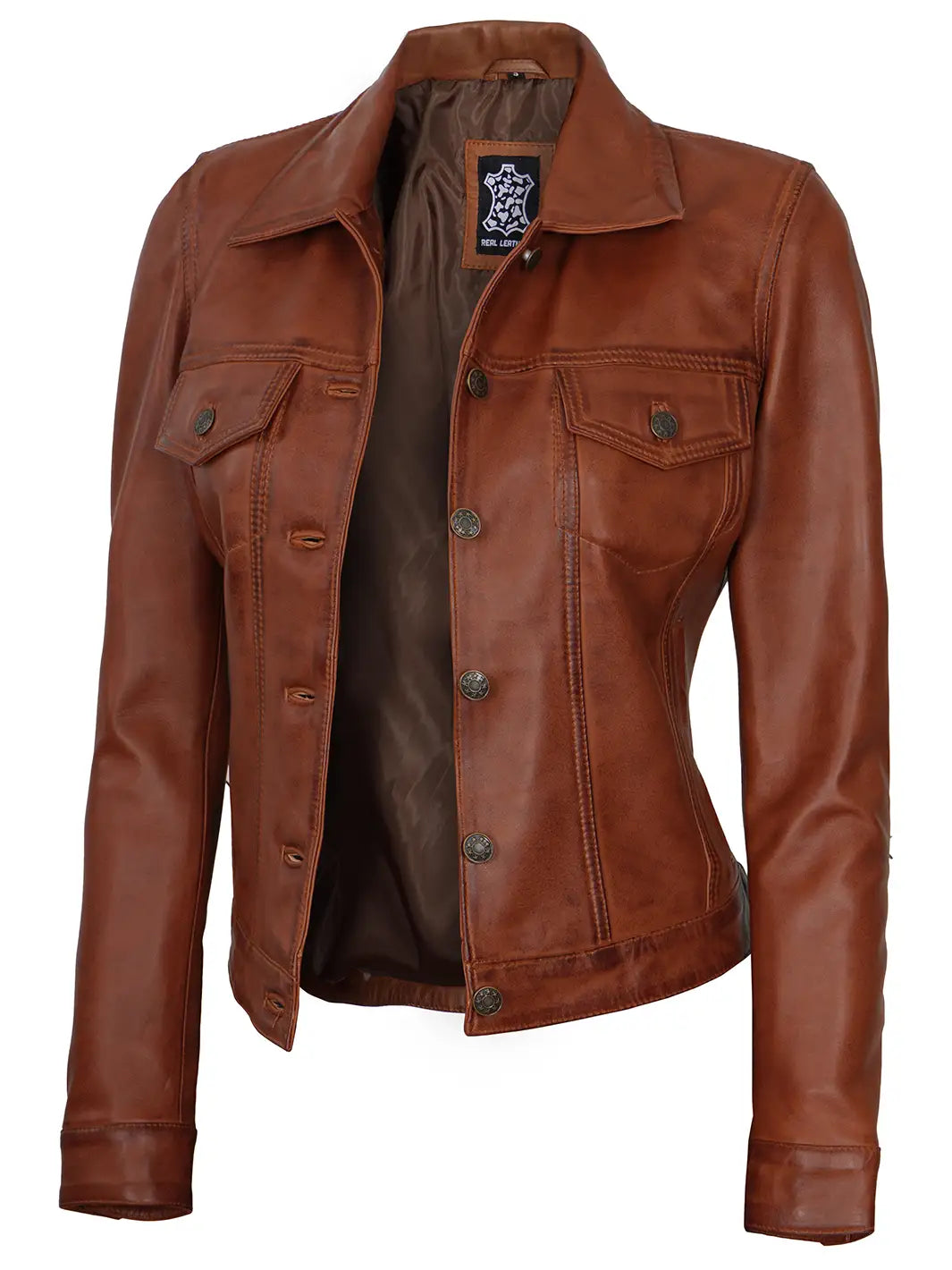 Cognac wax women leather jacket