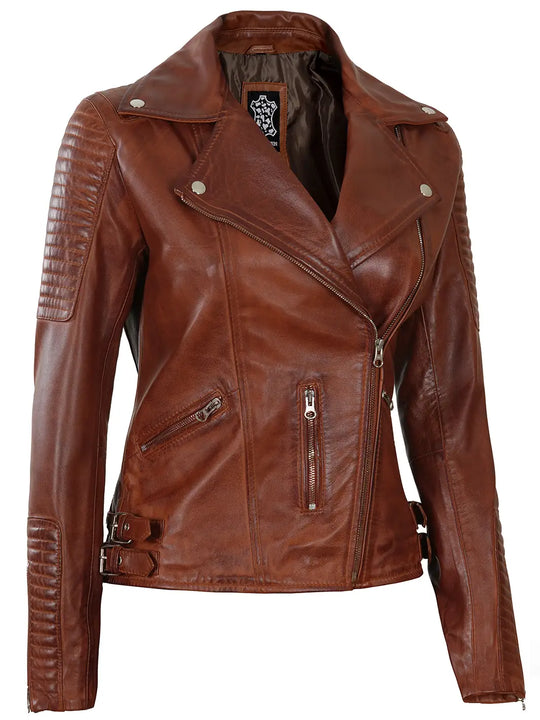 Cognac women biker leather jacket