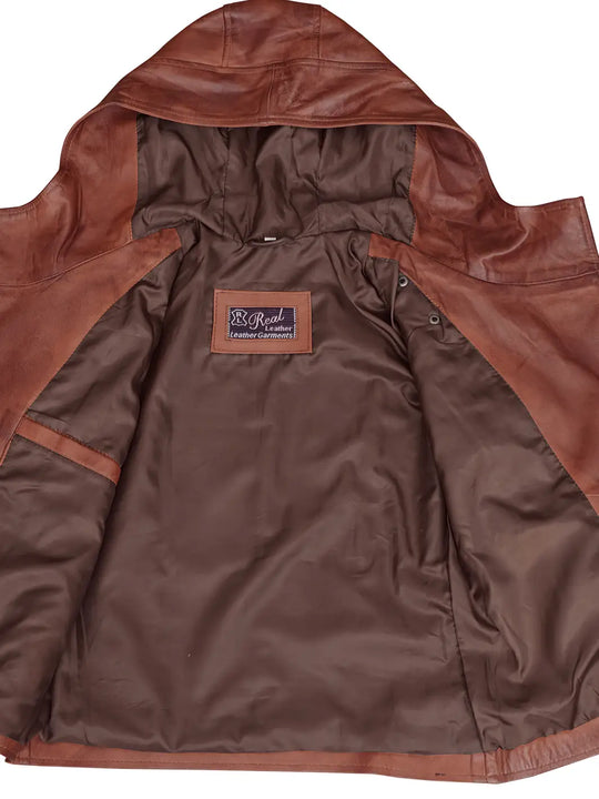 Cognac womens hooded leather jacket