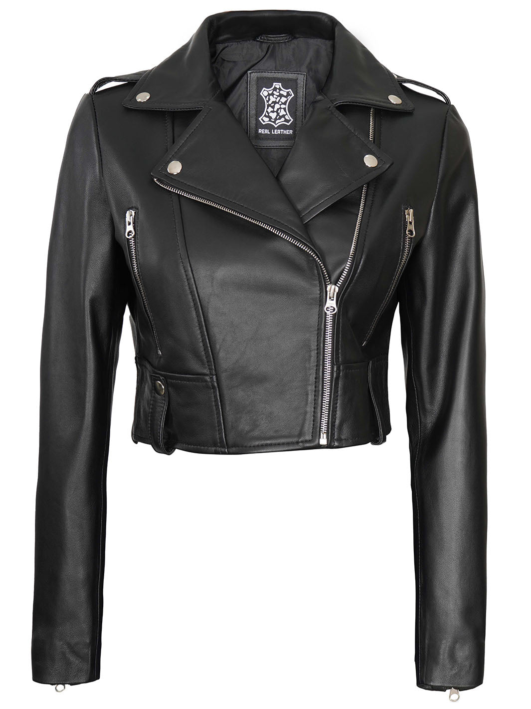 womens black cropped leather biker jacket
