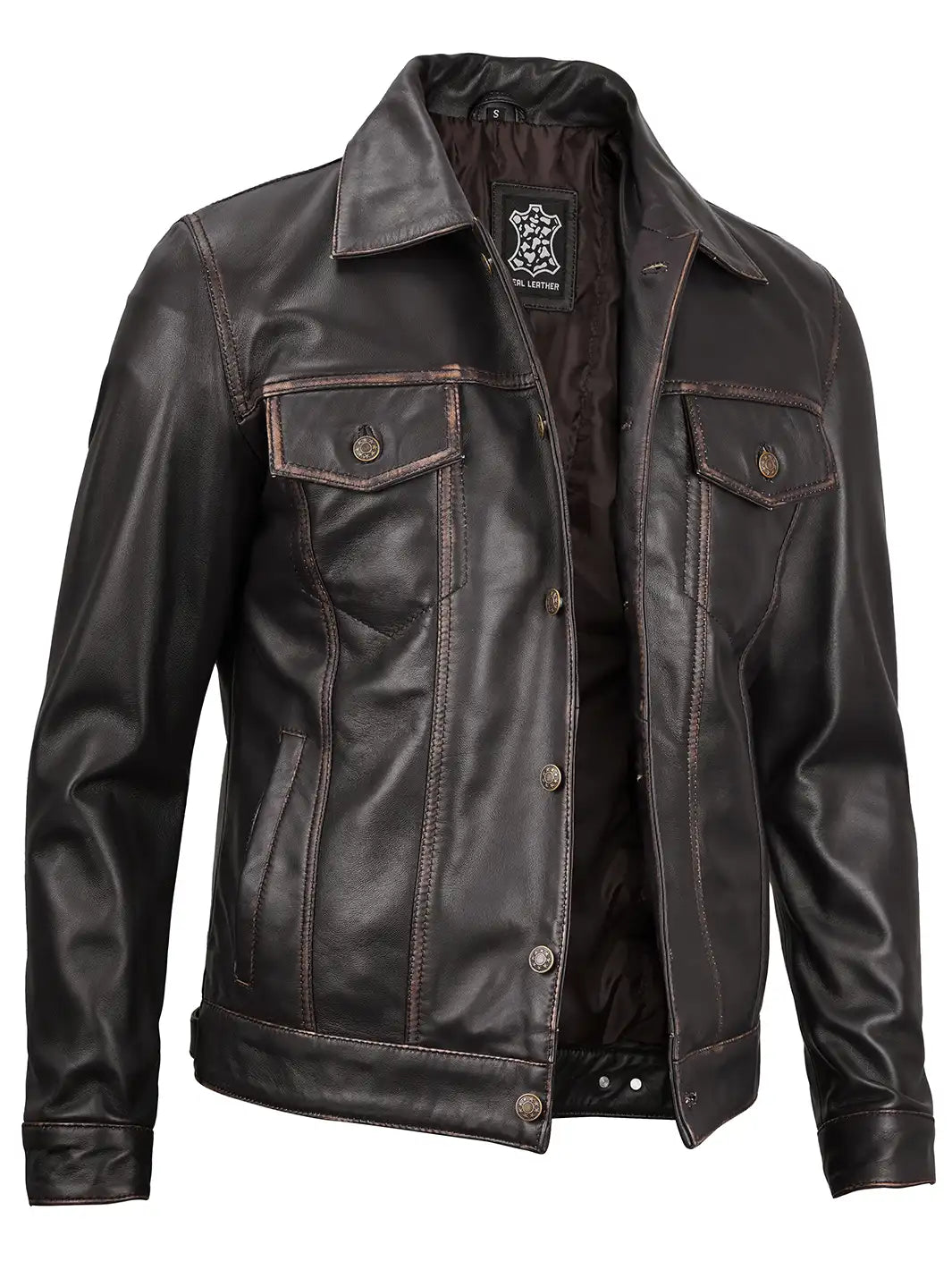 Dark brown real leather trucker jacket