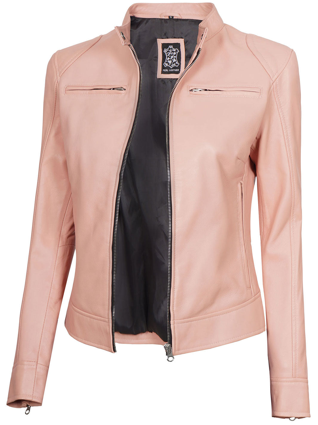 Dodge Women Light Pink Cafe Racer Motorcycle Leather Jacket