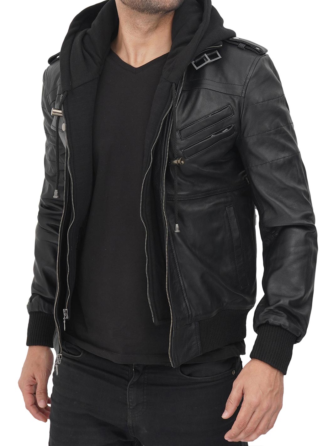   mens leather jacket with hood