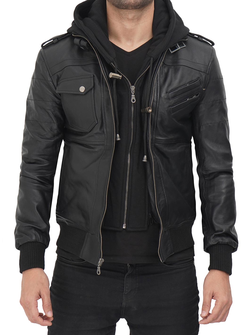 black leather jacket with hood mens