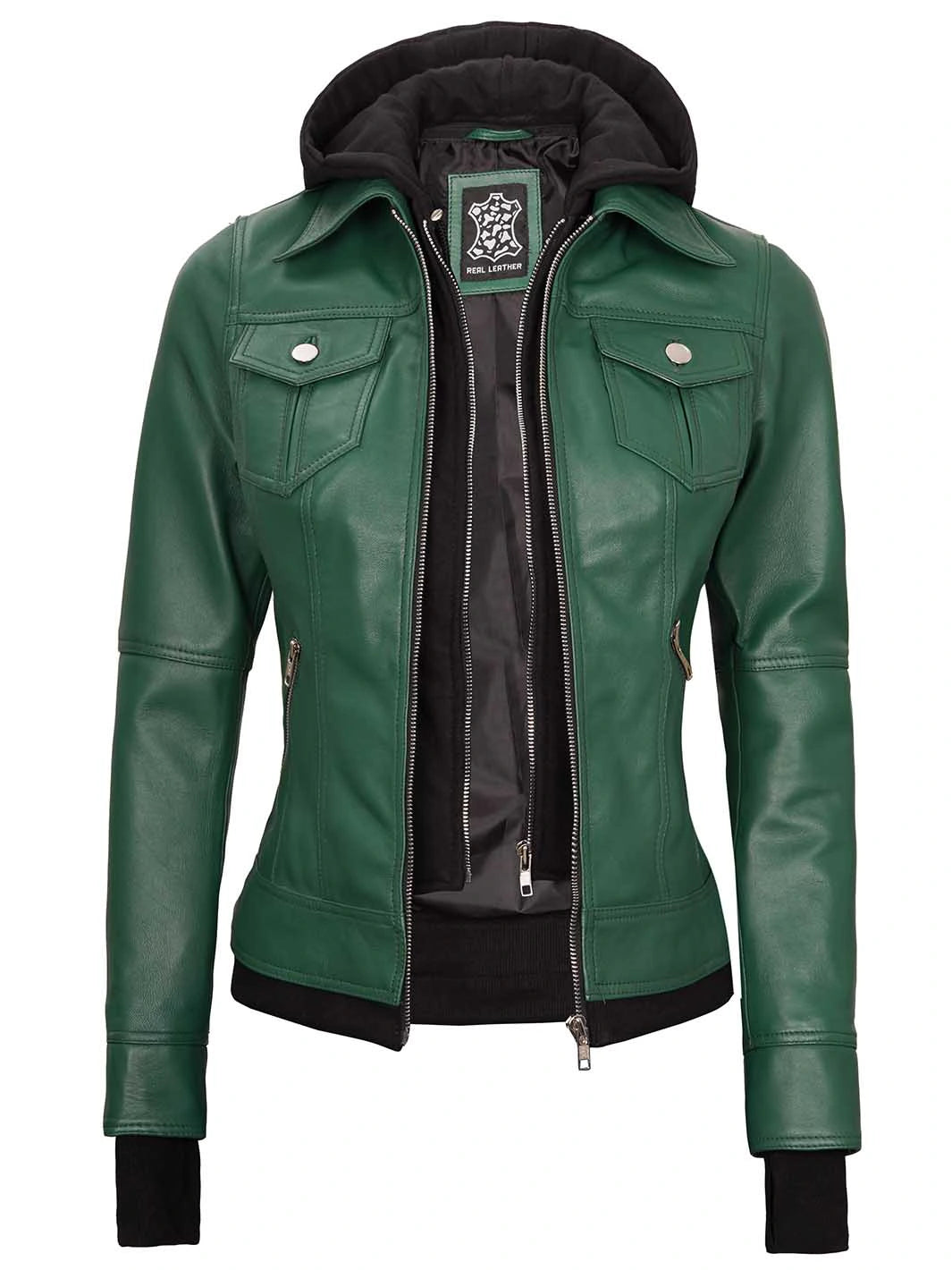 green leather jacket with hooded