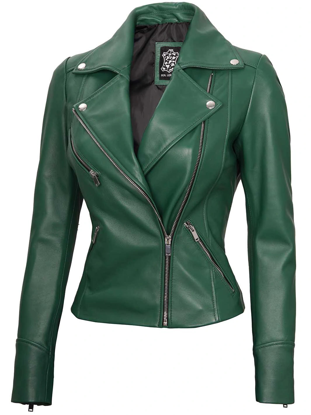 Green moto leather jacket for womens