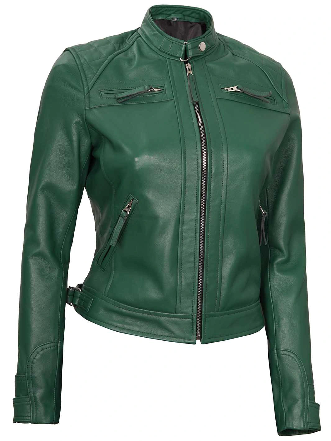 Green real leather jacket for women